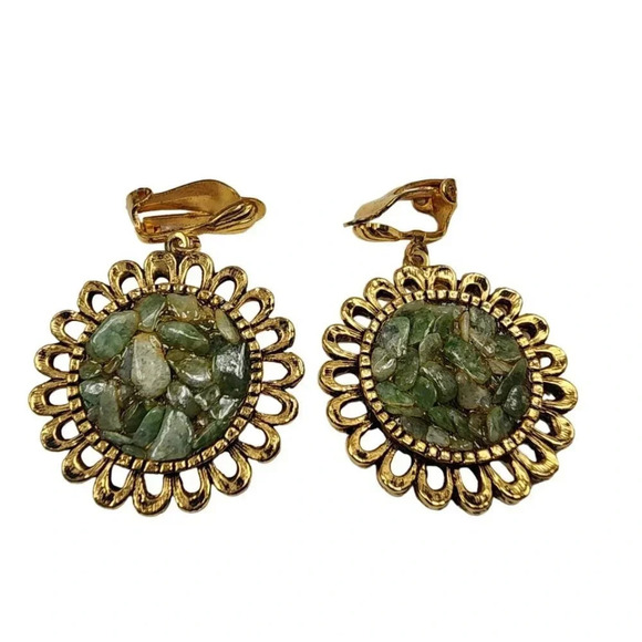 Vintage Jewelry - Vintage Sunflower Stone Dangle Drop Clip-On Earrings Gold Tone